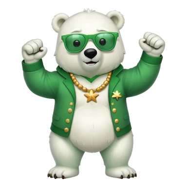 full body friendly anthropomorphised polar bear wearing oversized colorful star glasses and festive St. Patrick's Day outfit doing a fist pump sticker