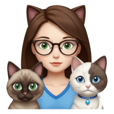 O data cu parul saten ,ochii griji-albastrii ,ochelari și codițe de pisica ..și langa o pisicuță alba pufoasa ,cu ochii verzi și o a doua pisica siameza pufoasa cu capul maro -negru și coada ,restul corpului un maro deschis spre alb  , ochii albaștrii  sticker