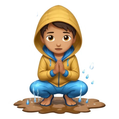 Character kneeling as rain hits the ground, one drop splashing exaggerated sticker