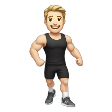 Joyful Celebrating victory Pale skinned Fit Man With the biceps and dark brown hair in black shirt, gray sports shorts and white Sneakers sticker