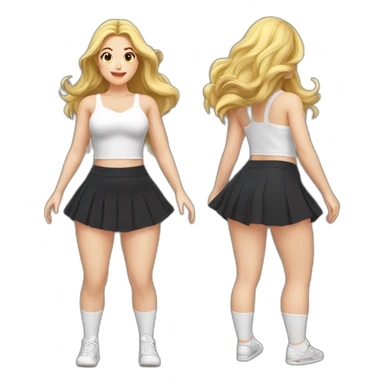 full-body-caucasian-curvy-beauty-jumping-short-black-skirt-back-and-front-views-strong-wind-white-knickers-long-white-socks sticker