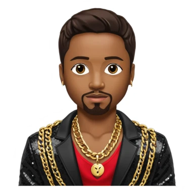 Teddy Riley with dark brown hair, black sequin jacket, shirtless with necklace  sticker