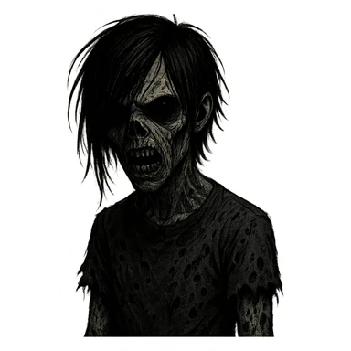 boy zombie with black hair, emo style, creepy, long hair, scary, black eyes, black skin, more intense expression sticker