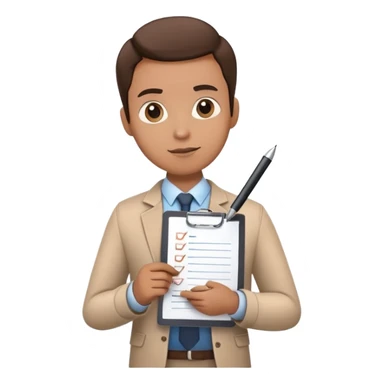 A person holding a checklist and pen is wearing smart casual clothing. The character is in a focused pose sticker