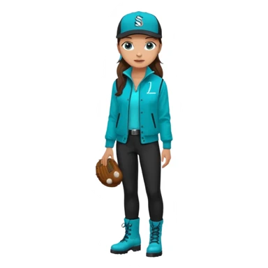 A landscaper in a beautiful turquoise jacket with long sleeves and turquoise boots, black pants, and a black sleeveless shirt. On his head is a black Swissotel baseball cap. The girl is a brunette with blue eyes. sticker