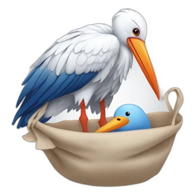 White stork carrying a blue bundle of cloth in its big beak that has a cute human person cute baby boy inside and his head is peeking from the fabric the strok is carrying in its beak sticker