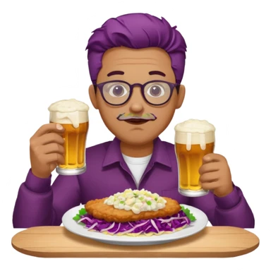 Man with wire framed glasses german eating schnitzel, red cabbage, sauerkraut, potato salad, and beer sticker