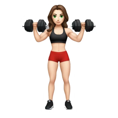 fitness girl with Brown Hair, Green Eyes, Pale Skin, Red Sports-Bra and a Black Bikershorts doing biceps curls with a Dumbell sticker
