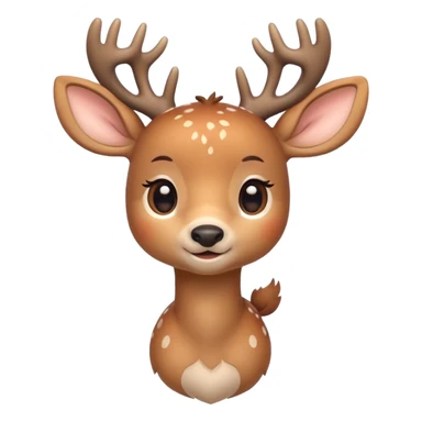 A cute deer emoji, small and simple, with big round eyes, a gentle smile, short antlers, soft beige fur with slightly lighter spots on its back, rounded cartoon-like proportions, minimal shading, vector-style, sticker