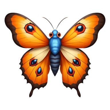 moth with blue eyes mornach butterfly wings orange and yellow with red godzilla eyes on the wings, brown tail, black Moth Insect Arms and legs almost like mothra sticker