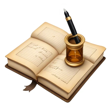 Create a vibrant emoji representing prose writing. The design should feature an open book with pages showing unfinished prose, a classic fountain pen or quill with black or dark blue ink, and an antique inkwell next to it. The pages should have visible lines of text, but some should remain unfinished, symbolizing the creative process. Use warm, earthy tones like brown, gold, and cream for the book and background, with the ink and pen in black or dark blue. The emoji should convey the idea of storytelling, creativity, and the unfinished nature of literary work. Make the background transparent. sticker