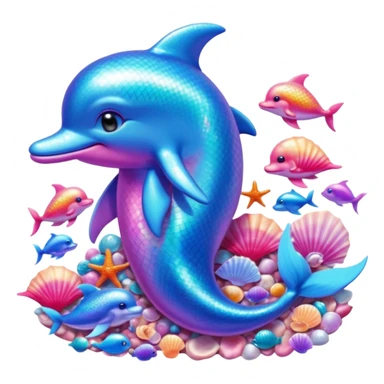 Emoji of a sparkly dolphin with blue and pink light aquamarine colours shells and mermaid vibes very 2000s mermaid aquatic aesthetic sticker