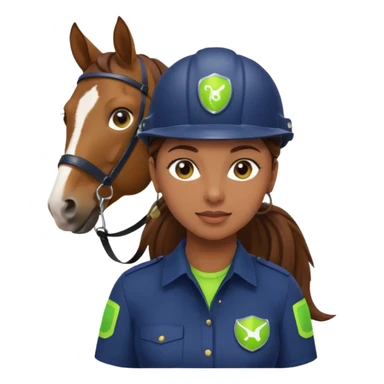 female with brown hair in ponytail, brown eyes, navy blue blouse with lime green Indie Services logo, emoji style, holding a horse riding helmet sticker