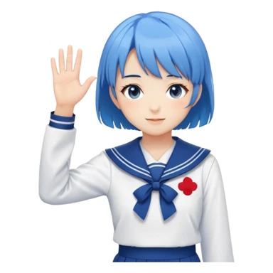 Anime girl with short bright blue hair wearing Japanese sailor style school uniform, composed posture with hand on hip but shyly waving with other hand, blushing face and timid smile sticker