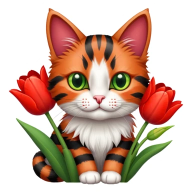 tricolor fluffy cat with big green eyes holding red tulips in her arms sticker