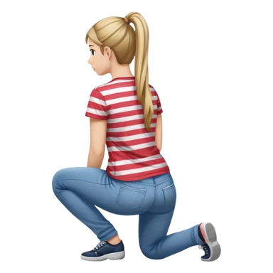 young woman with ponytail wearing jeans and striped t-shirt kneeling viewed from behind sticker