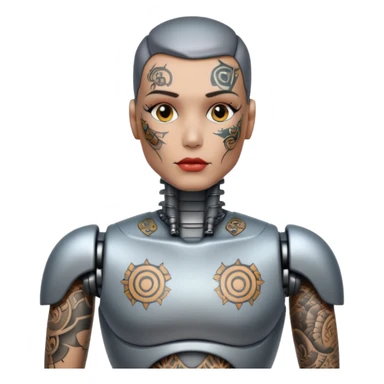 Tatooed robot, big many tatooes on chest, neck and face sticker