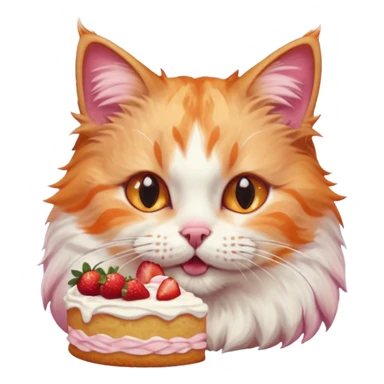Close-up portrait of a fluffy cat eating a strawberry cake, pink cream on its nose and whiskers, detailed fur texture, soft natural light, shallow depth of field, high resolution, cute and candid moment
, sticker