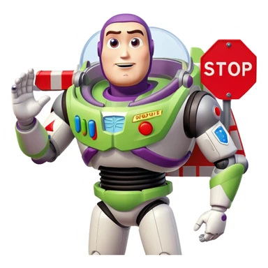 Buzz Lightyear character with a red stop sign above him sticker