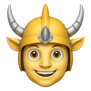 Viking emoji in Messenger style, yellow face, simple eyes, smiling, horned helmet sticker