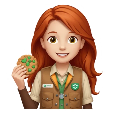 happy white girl scout with red long hair selling cookies with a brown Girl Scout vest and white shirt under vest. She should be around 10 years old sticker