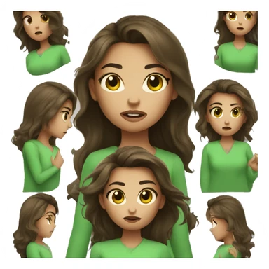angry face with brunette hair and make it a girl and with green clothes on and holding skincare products sticker