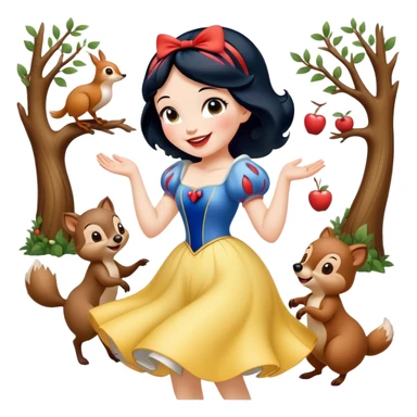 Cinematic Playful Snow White Portrait Emoji, Laughing while dancing with woodland animals, dress twirling gracefully, a whimsical sparkle in her eye, radiating charm and pure delight! sticker