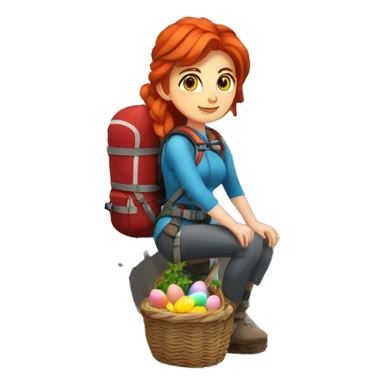 Female winter mountain climber red hair white skin climbing with Greek and EU flags and Easter eggs basket sticker