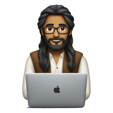 indian man long hair in bun, beard, glasses with macbook computer  sticker