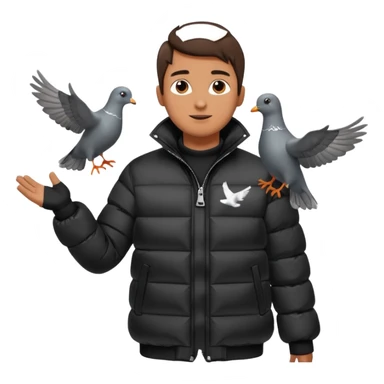 puffer shiny black jacket man open arms looking at a flying pigeon sticker
