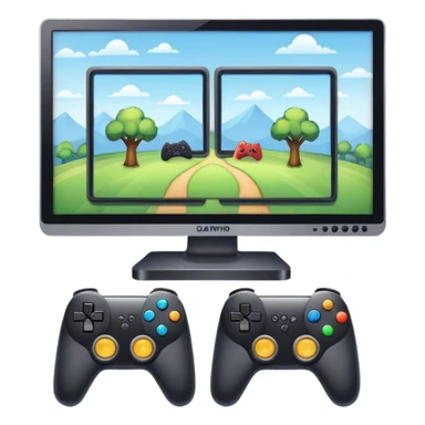 An icon showing two monitors with gaming interfaces, connected by a wire. Each monitor displays a different game screen, with two gamepads placed nearby, symbolizing multiplayer gameplay. transparent background. sticker