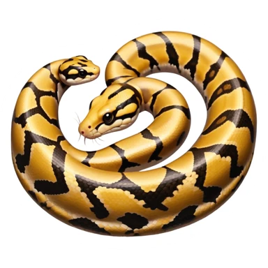 A photo-realistic top-down view of a Ball Python gently coiled into a tight spiral, with its head resting peacefully at the center. Its scales are warm brown with bold, irregular black markings, including the distinctive “alien-head” pattern, flowing smoothly along its body.  sticker