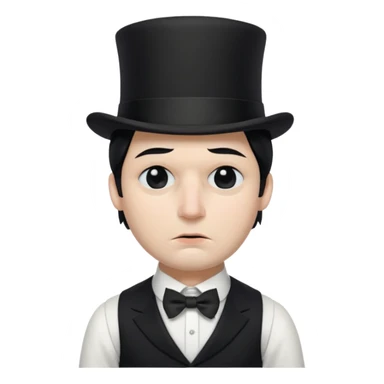 A man with snow white skin, a black half mask with an eye hole, a black top hat, a black vest with a black tie tucked underneath, and a white collared shirt. A frown, and closed eyes. sticker
