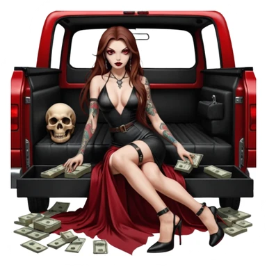 Lilith symbol red eye seductress evil long brown haired sexy succubus woman with leather long dress with slit, sitting in Big Large F350 pickup truck. Black Platform high heels on feet. Tattoo sleeve arms, seat full of stacks of cash, and a man dead human skull of her enemies and a gun in other hand sticker