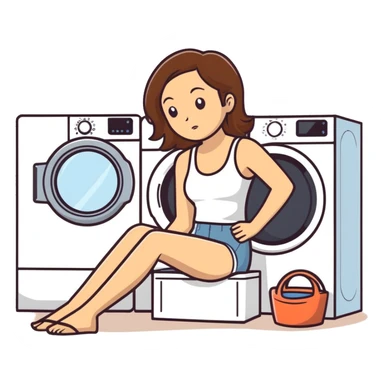 Caucasian woman with brown hair and huge boobs wearing a tank top lying on a washer and dryer sticker