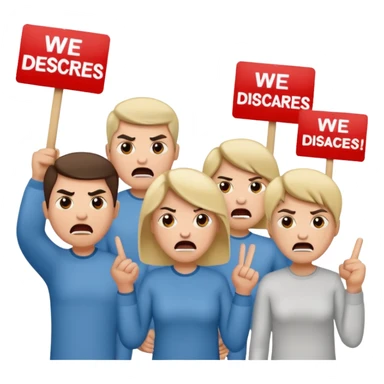 a crowd of people with angry faces and holding placards that read: we disagree sticker