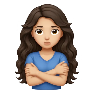 Hispanic light tan girl with long dark wavy hair crossing her arms under arm pit and slightly pouting sticker