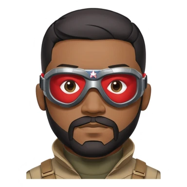 sam wilson with  short, neatly cropped black hair and a well-groomed beard that connects to his mustache,  wear sleek, red-tinted tactical goggles fit snugly from captain america: civil war sticker
