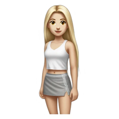 hyperrealist caucasian girl, long straight blonde hair, white v-neck laced crop tanktop, grey tight mini skirt, sneakers, facing camera sticker