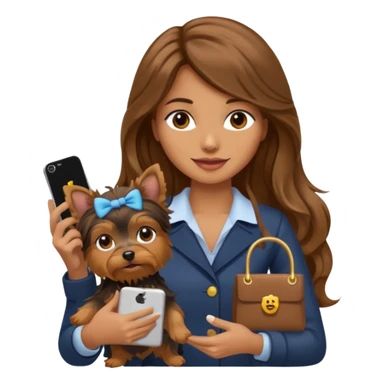 woman with long brown wavy hair, holding a Yorkshire Terrier and an iPhone, with a sale sign, emoji style sticker
