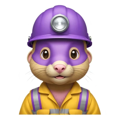 a mole rat, purple helmet, headlamp, yellow worker cloth sticker