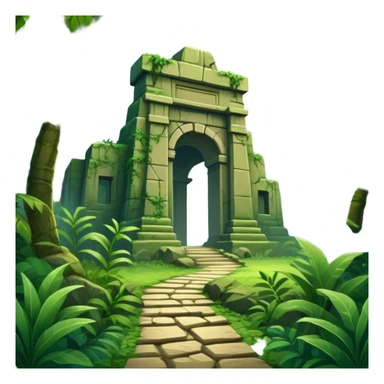 Icon for Adventure Movie: A vintage movie poster-style design with a jungle clearing path, dense foliage surrounding it. In the distance, ancient ruins peek through the trees. The atmosphere is mysterious and adventurous, with soft light cutting through the trees. Transparent background. sticker