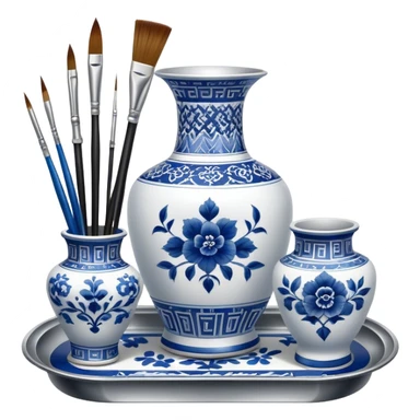 Metal painting icon, a metal vase with intricate designs in Gzhel and Chinese embroidery styles, placed on a metal tray, with three paintbrushes beside it, minimalistic style, clean lines, transparent background. sticker