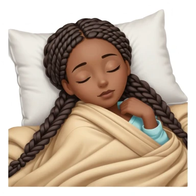 A dark-skinned Black woman with long box braids, lying on her side in bed, wrapped in a blanket, resting on a pillow, eyes closed. sticker