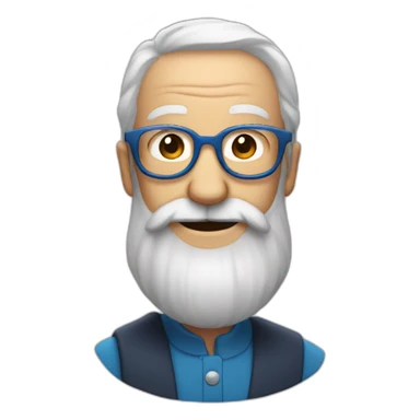 old man with red hair, blue glasses, long beard and moustache and a big smile sticker