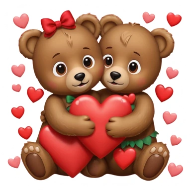 girl bear with bow and boy bear hugging, surrounded by hearts, playful and loving, cute sticker