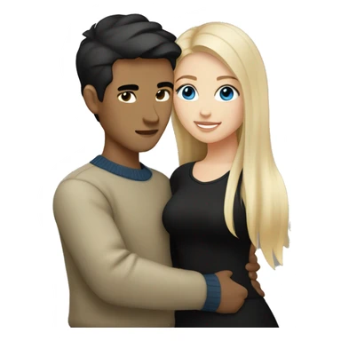 dark Blonde girl with blue eyes in black sweater and an east asian with light skin man with black hair and black eyes hugging sticker