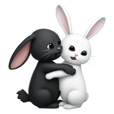 Black rabbit hugging white rabbit with moon behind them sticker