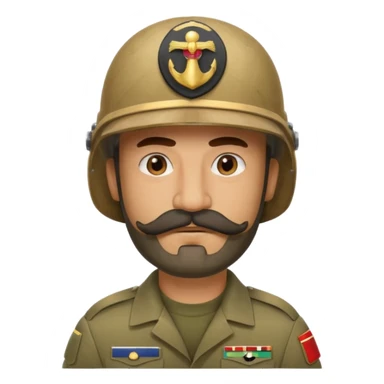 tired Iraqi military, in a helmet, with a moustache and beard sticker