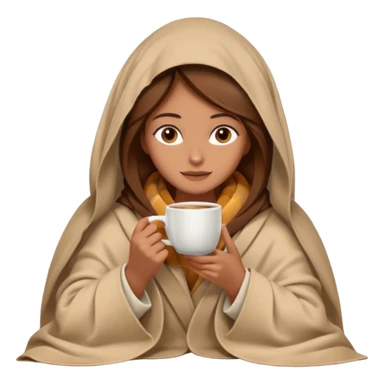 brown hair woman sitting under beige blanket, with a blanket over his head, holding cup of coffee, autumn mood sticker
